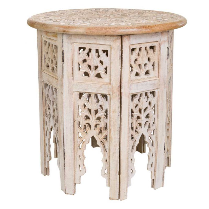 WHITE OCTOGONAL CARVED WOOD COFFEE TABLE HANDMADE FINISH