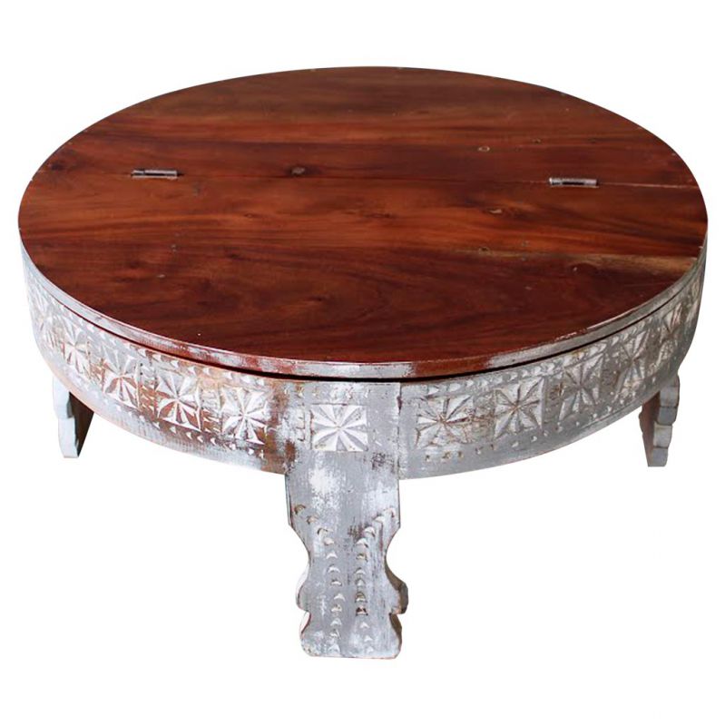 ROUND CARVED WOODEN COFFEE TABLE ARTISAN AGED WHITE FINISH