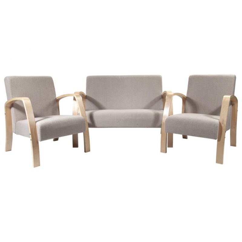 SOFA SET AND 2 NATURAL COLOR WOOD ARMCHAIRS