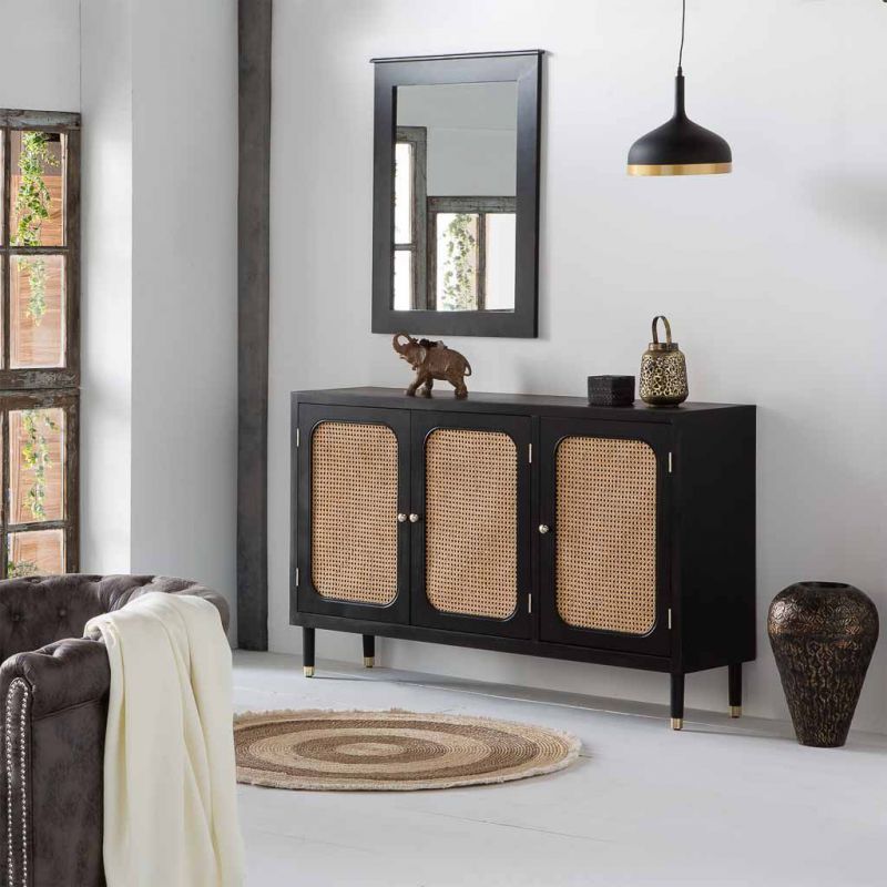 BLACK WOOD SIDEBOARD AND NATURAL BAMBOO WITH THREE DOORS