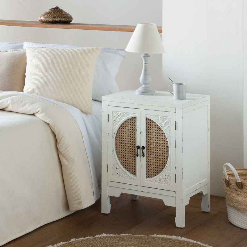 WOOD AND RATTAN BEDSIDE TABLE