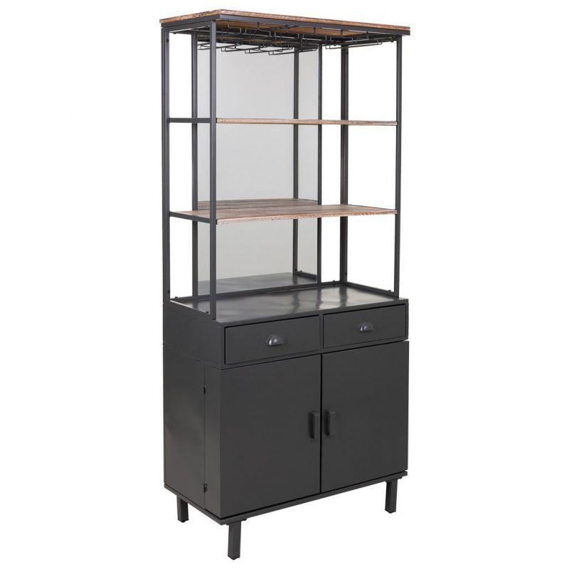 WOOD AND METAL CABINET WITH 2 RACKS,2 DOORS AND 2 DRAWERS GREY COLOR