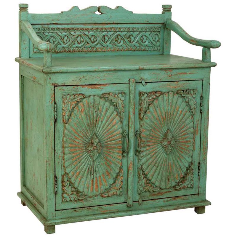 BLUE ARTSANAL WOODEN SIDEBOARD WITH 2 CARVED DOORS