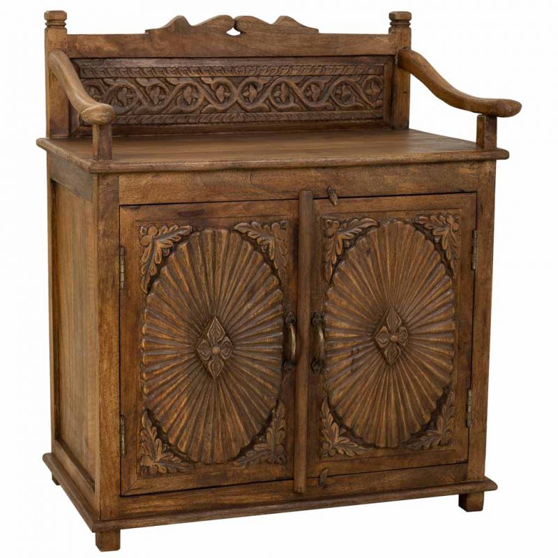 BROWN ARTESANAL WOODEN SIDEBOARD WITH 2 CARVED DOORS
