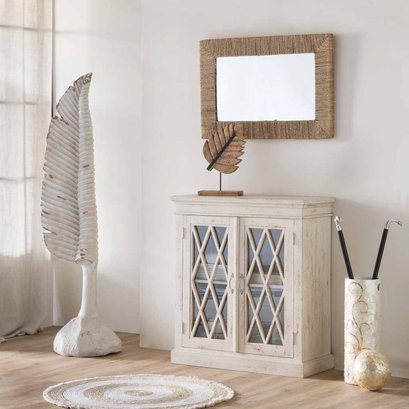 WHITE ARTESANAL WOODEN AND GLASS CONSOLE WITH 2 DOORS