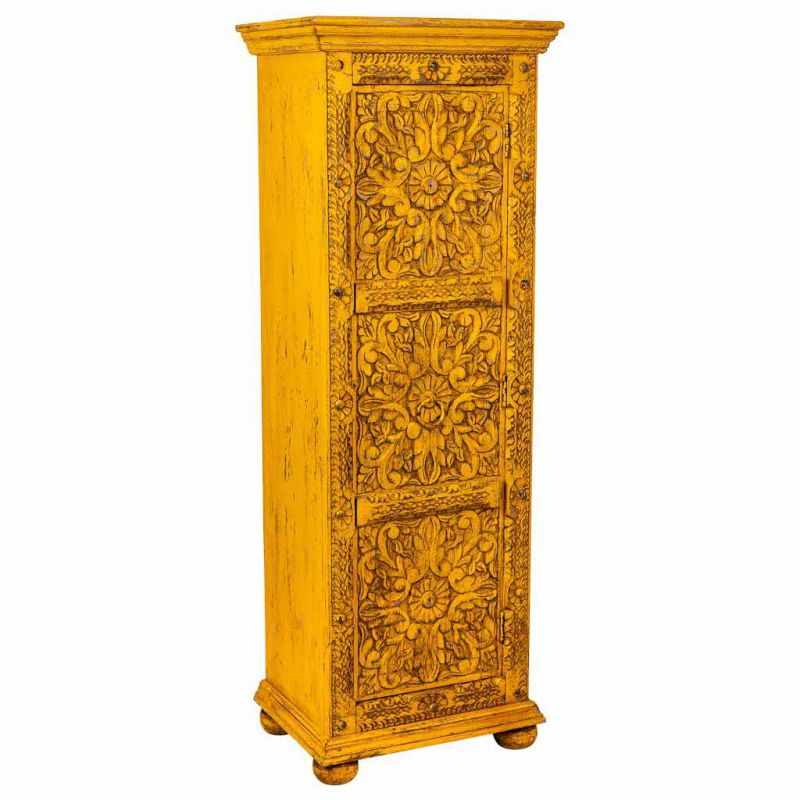 YELLOW ARTESANAL WOODEN CABINET WITH 1 CARVED DOOR