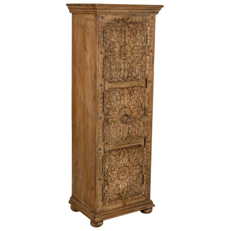 BROWN ARTESANAL WOODEN CABINET WITH 1 CARVED DOOR