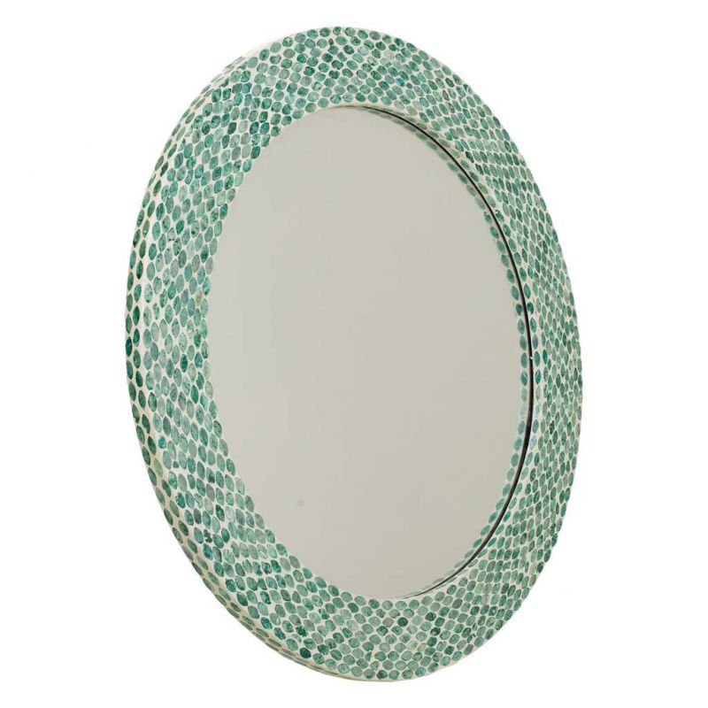 BLUE ROUND WOODEN MIRROR WITH CAPIZ FINISHING