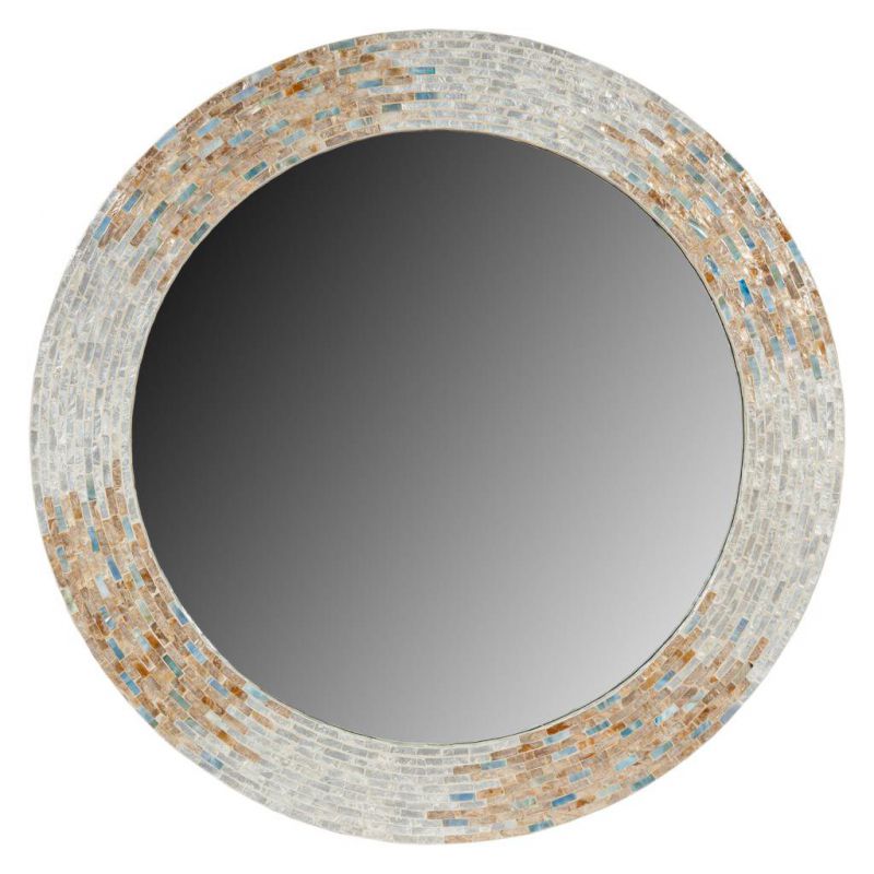 BROWN ROUND WOODEN MIRROR WITH CAPIZ FINISHING