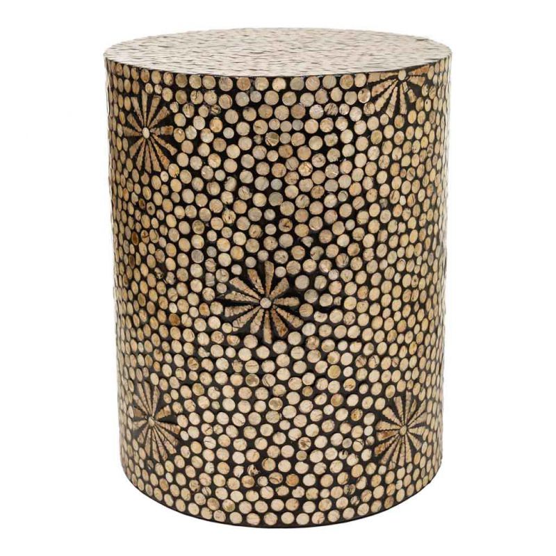BROWN WOODEN STOOL WITH CAPIZ FINISHING