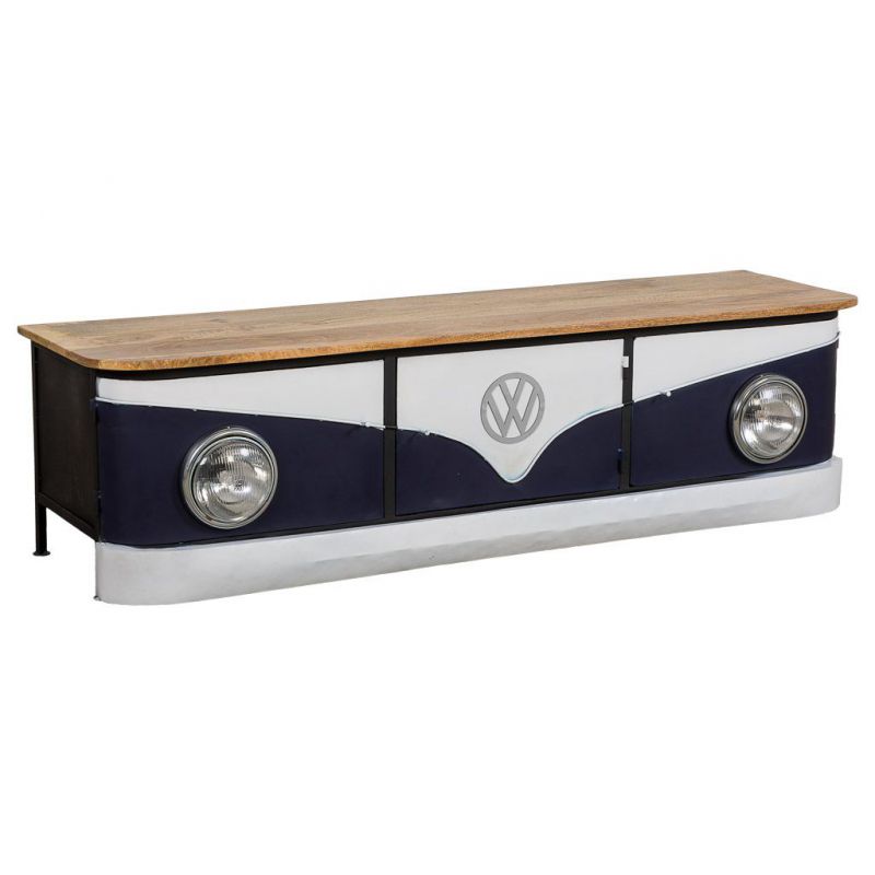 BLUE WOOD AND METAL VAN SIDEBOARD HANDMADE FINISHED WITH LIGHT