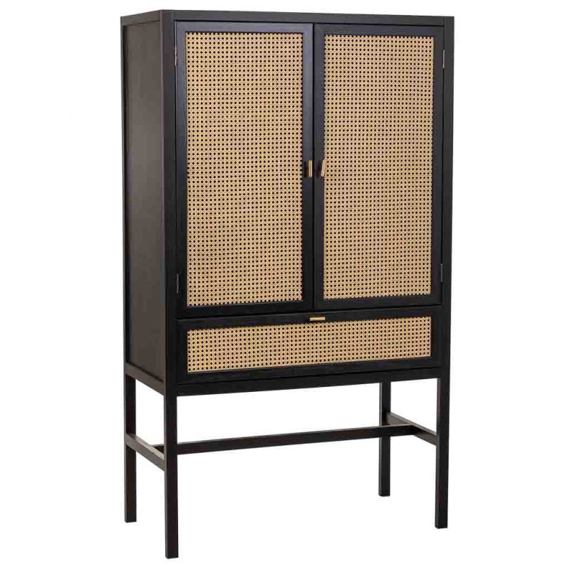 BLACK WOODEN CUPBOARD WITH RATTAN