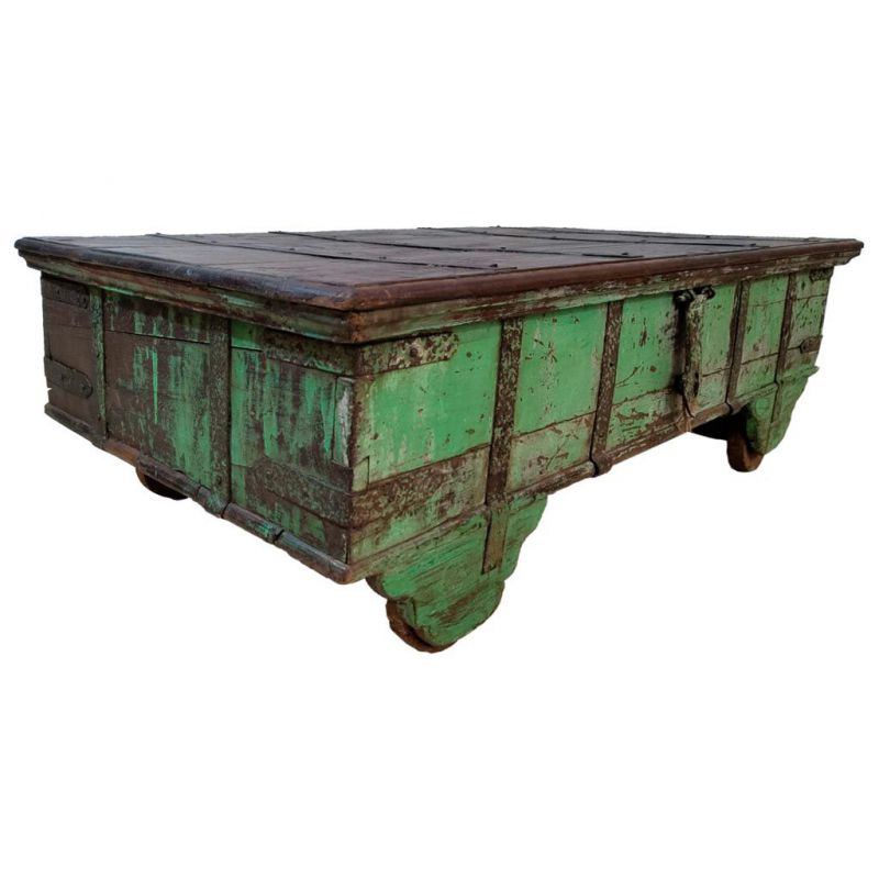 GREEN HANDMADE FINISHED TRUNK TABLE