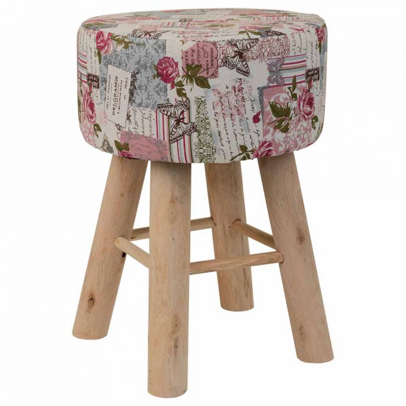 WOODEN STOOL LINED WITH LILAC FABRIC