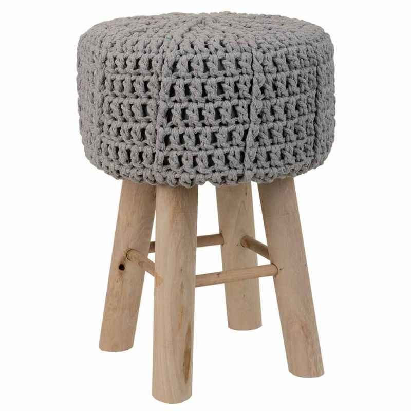 WOODEN AND GRAY BRAIDED COTTON STOOL