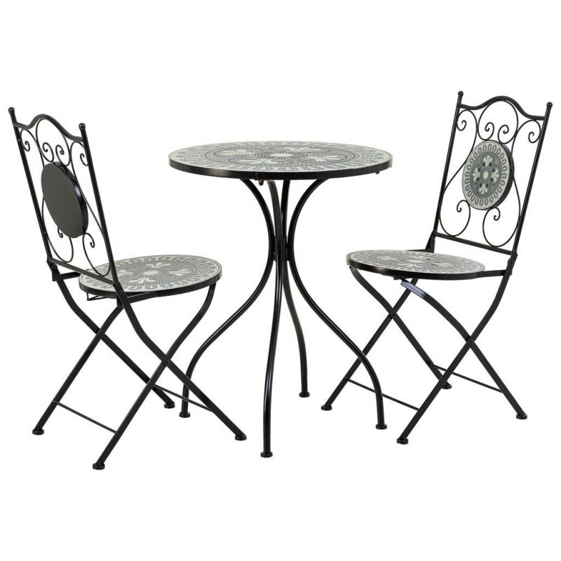 TABLE AND TWO CHAIRS SET OF BLACK MOSAIC AND FORGE