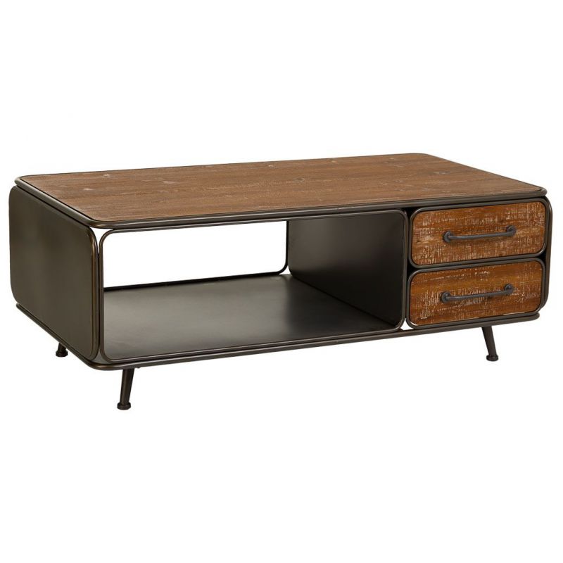 WOOD AND METAL COFFEE TABLE WITH 2 BLACK DRAWERS