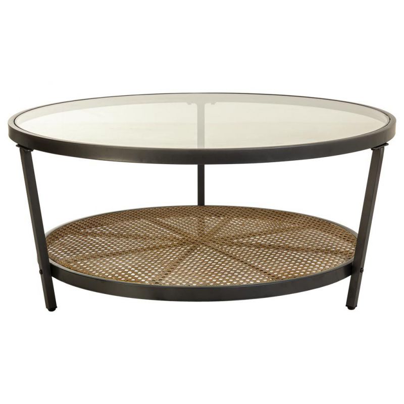 ROUND COFFEE TABLE METAL AND BROWN GLASS