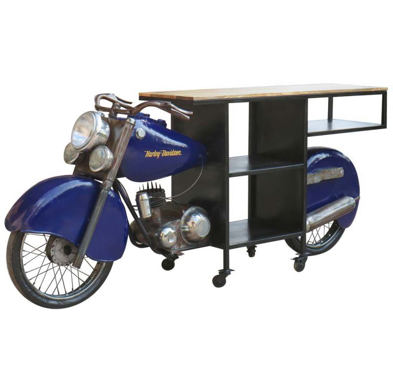 WOOD AND METAL MOTORCYCLE BOTTLE BAR WITH HANDMADE BLUE FINISH