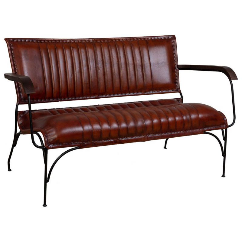 BROWN METAL AND LEATHER BENCH