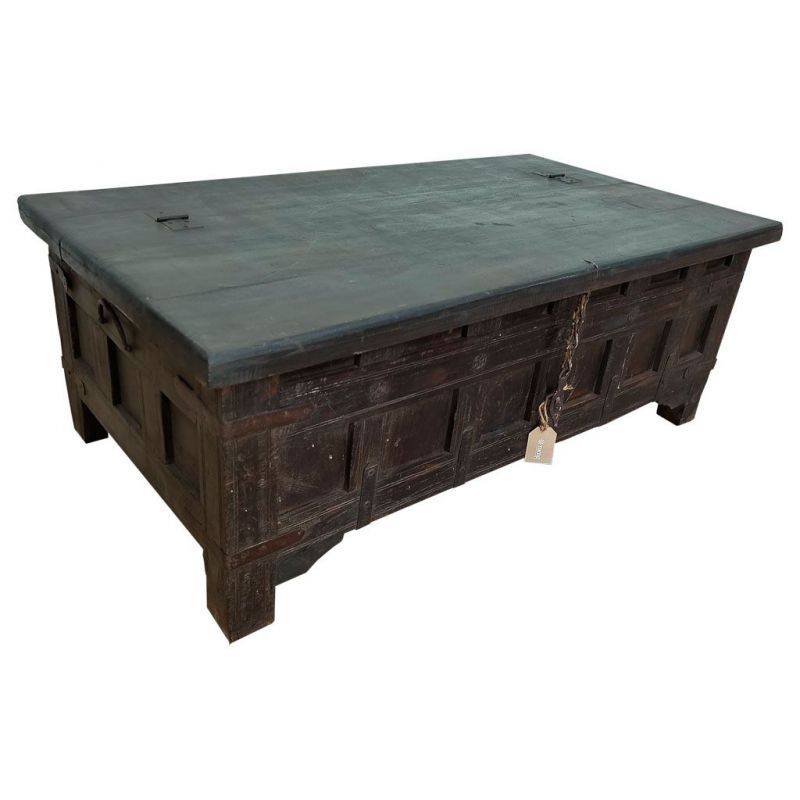 WOOD AND METAL TRUNK COFFEE TABLE WITH HANDMADE BROWN FINISH
