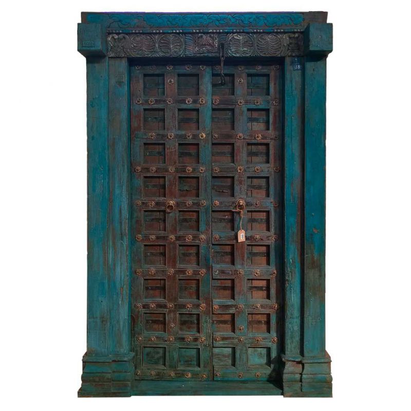 WOOD AND METAL DOOR WITH BLUE HANDMADE FINISH
