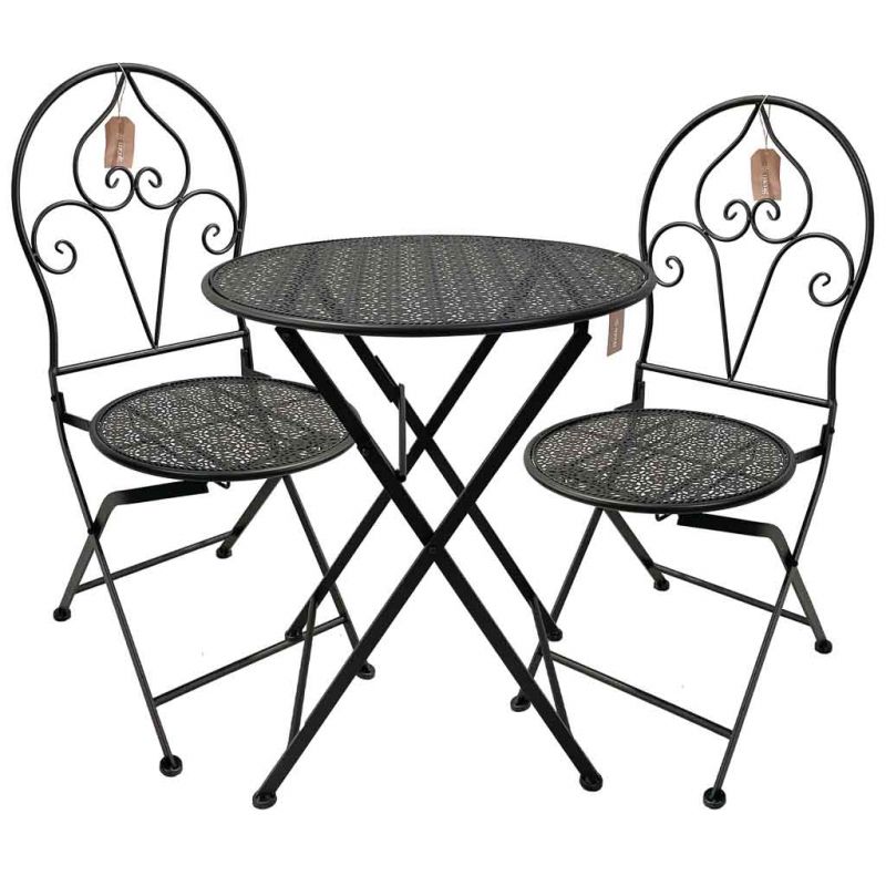 SET OF TABLE AND TWO BLACK WROUGHT CHAIRS