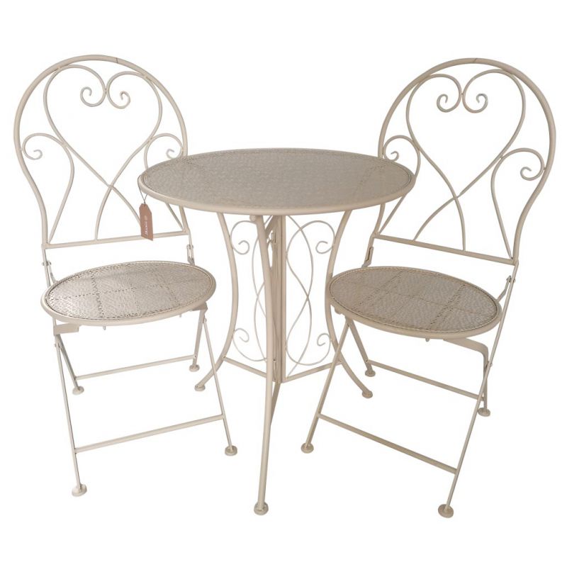 SET OF TABLE AND TWO WHITE WROUGHT CHAIRS