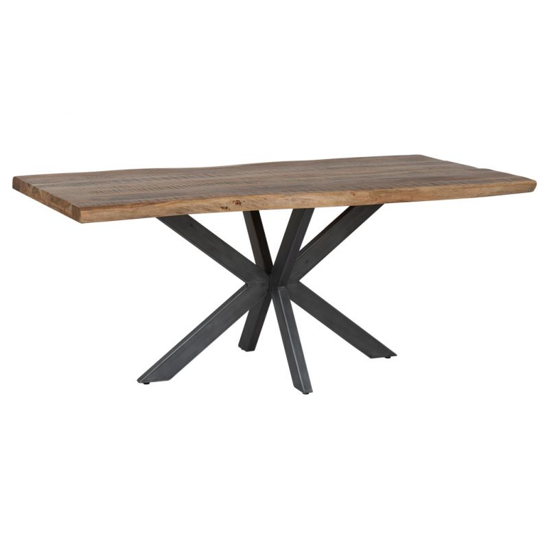 RECTANGULAR DINING TABLE WITH LACQUERED NATURAL ACACIA TOP AND IRON LEGS