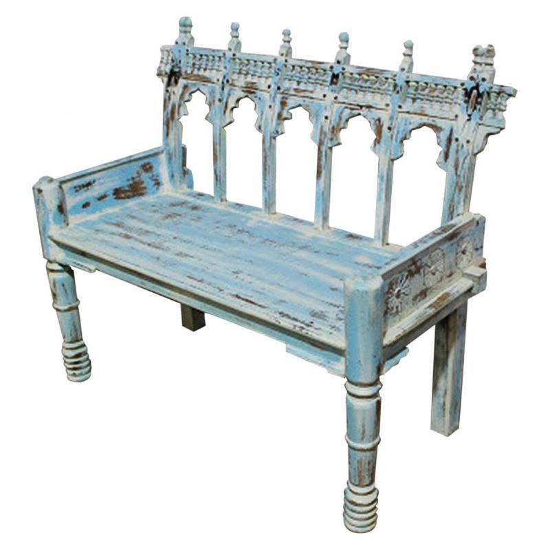 CARVED WOODEN BENCH WITH ARTISAN AGED BLUE FINISH