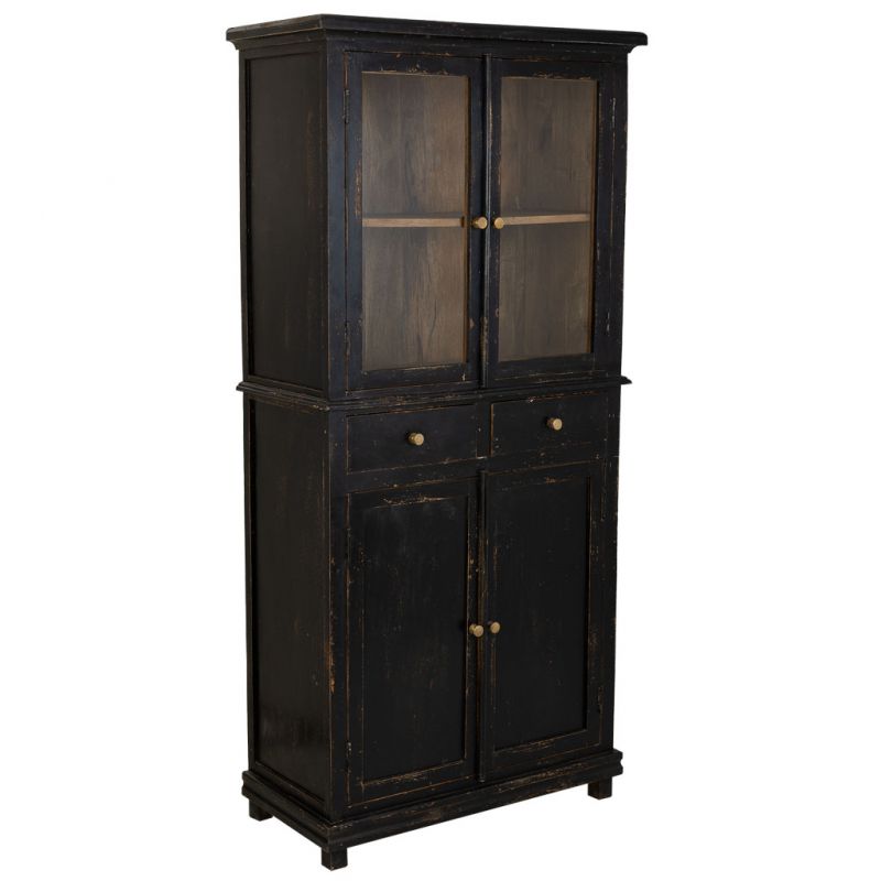 HANDMADE FINISHED WOOD AND GLASS DISPLAY CABINET WITH 4 DOORS AND 2 DRAWERS BLACK