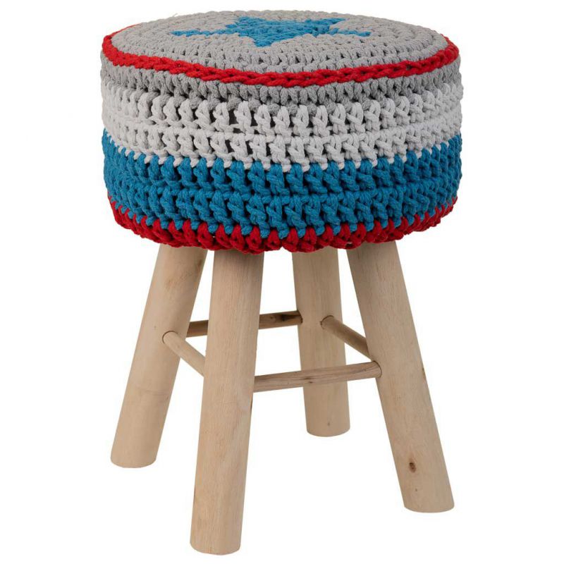 WOODEN STOOL AND BLUE BRAIDED COTTON
