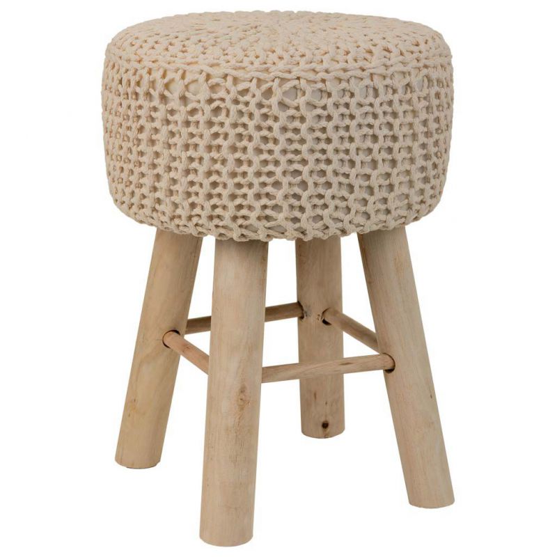 WOODEN AND BROWN BRAIDED COTTON STOOL