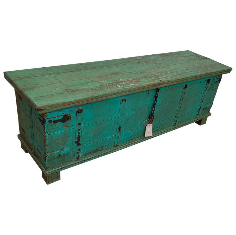 WOOD AND METAL TRUNK WITH GREEN ARTISAN FINISH