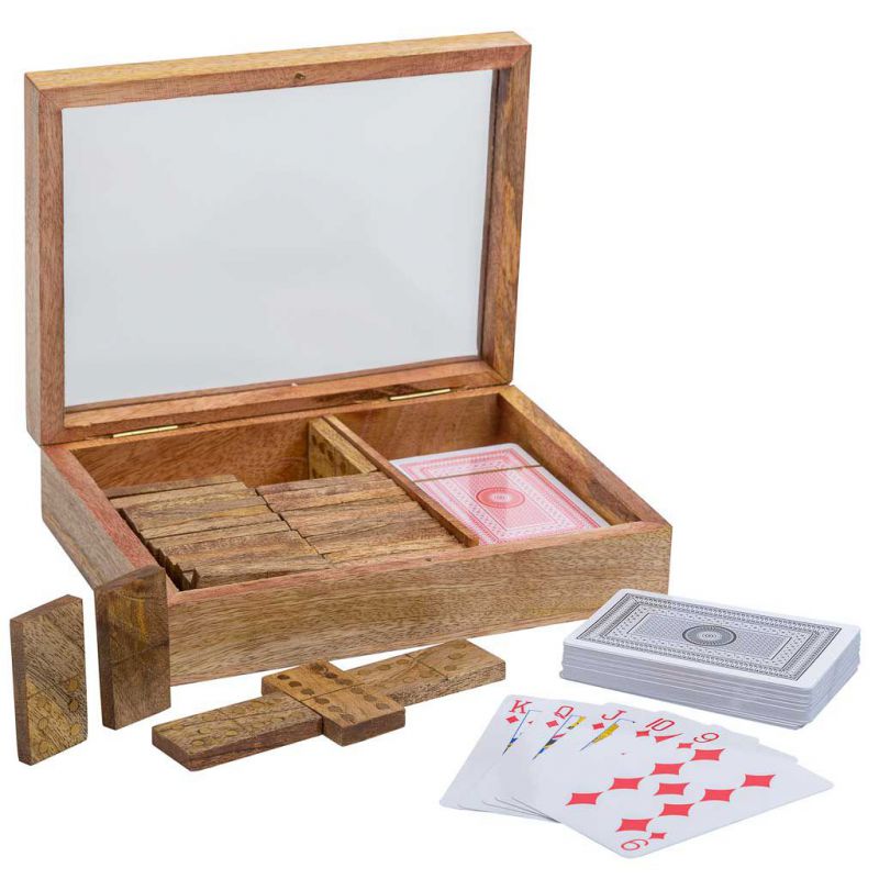 2 IN 1 GAME (DOMINO+CARDS) IN BROWN WOODEN BOX