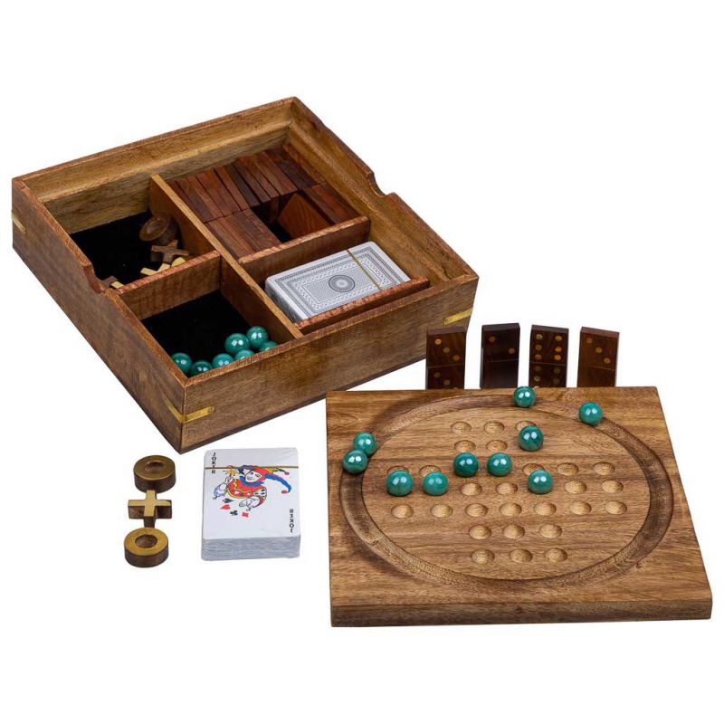 5 IN 1 GAME (3 IN LINE + DOMINO + DICE + 2 CARDS + SOLITAIRE) IN BROWN WOODEN BOX