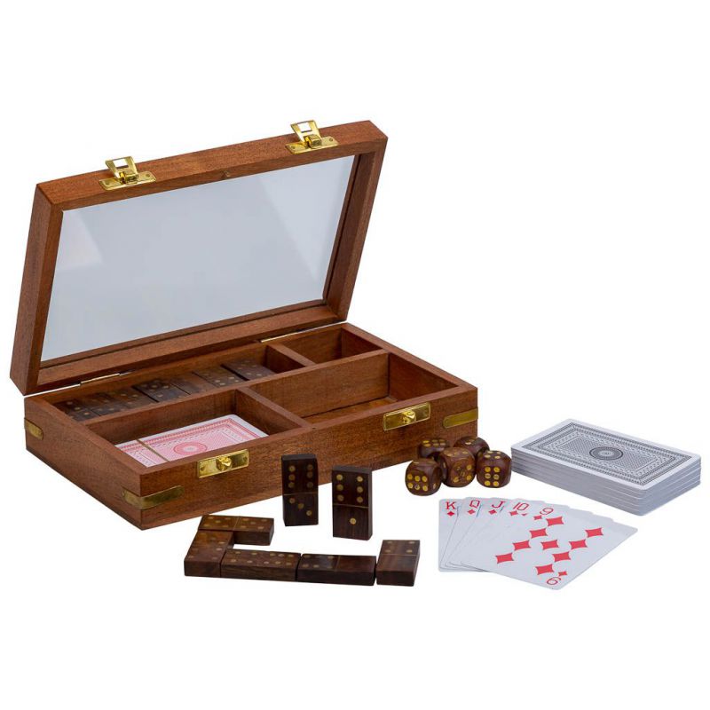 3 IN 1 GAME (DICE+DOMINO+CARDS) IN BROWN WOODEN BOX