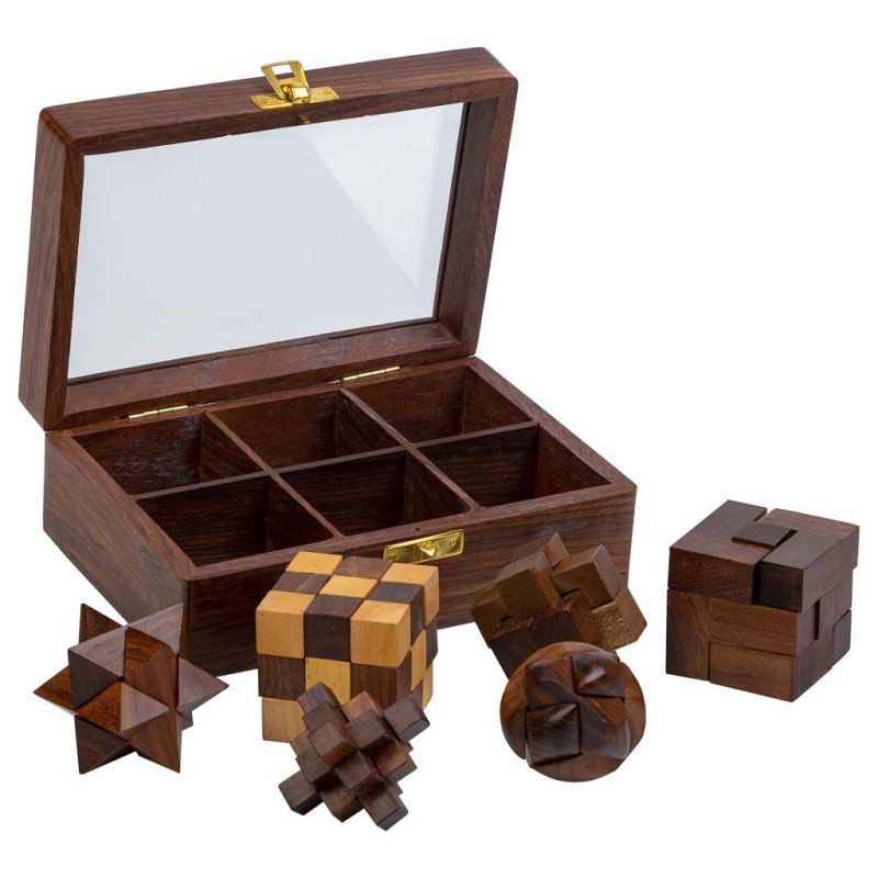 SET OF 6 PUZZLE GAMES IN BROWN WOODEN BOX