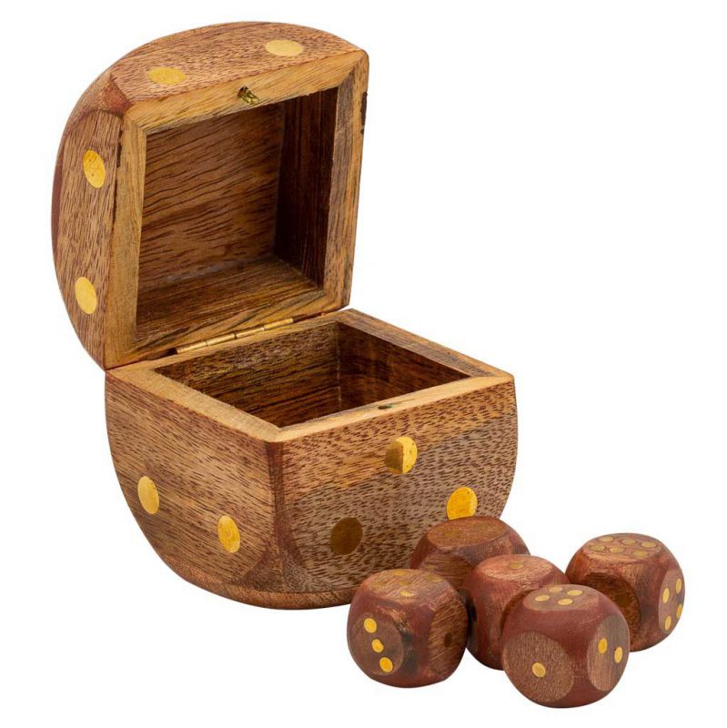 DICE BOX WITH 5 BROWN WOODEN DICE