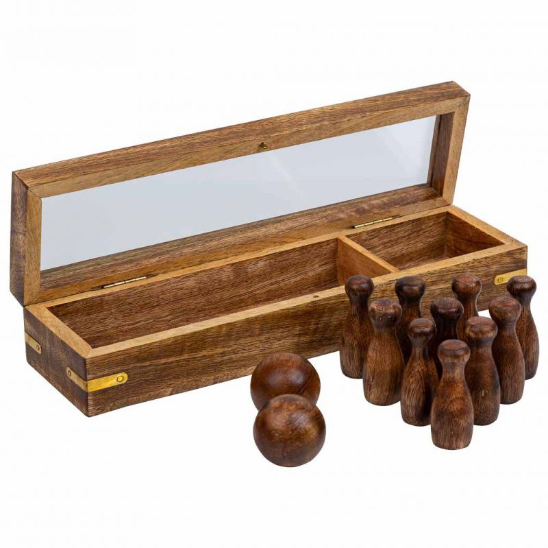 BOWLING SET (10 PIECES + 2 BALLS) IN BROWN WOODEN BOX