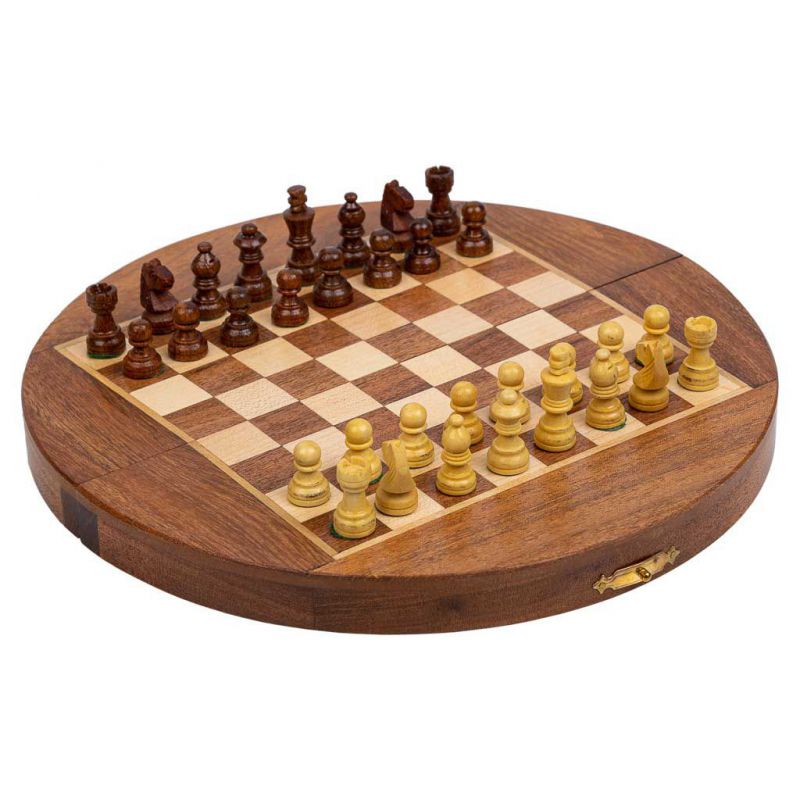 MAGNETIC CHESS WITH SEMI-ROUND BROWN WOODEN BOX