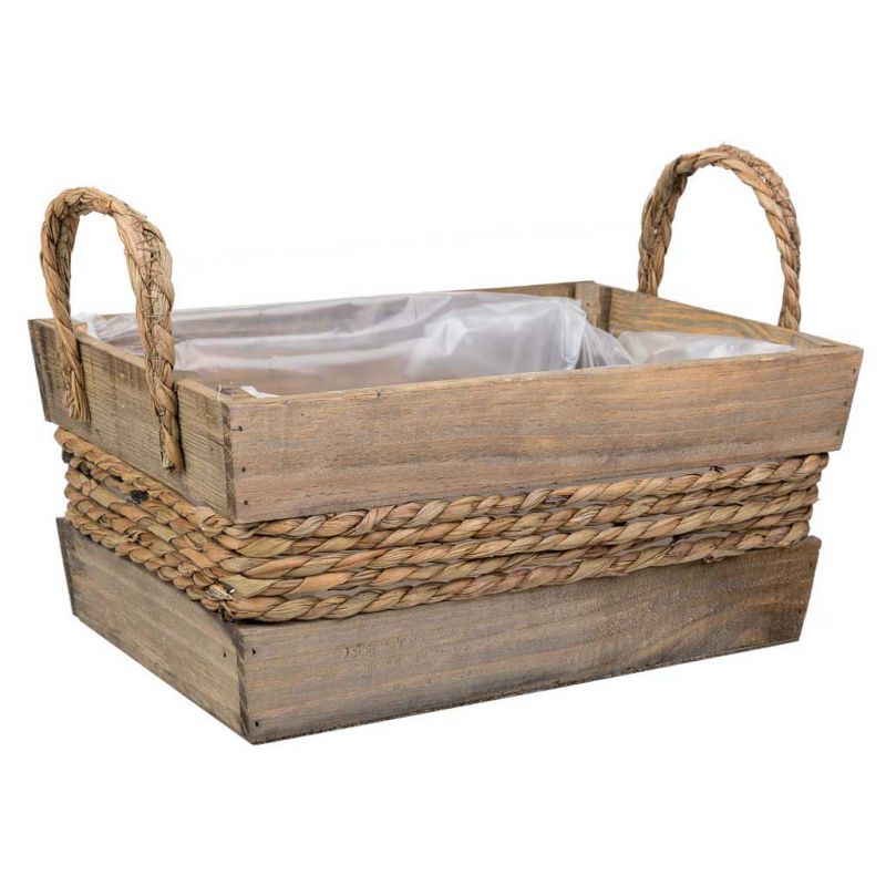 BROWN WOODEN BASKET WITH ROPE AND HANDLES