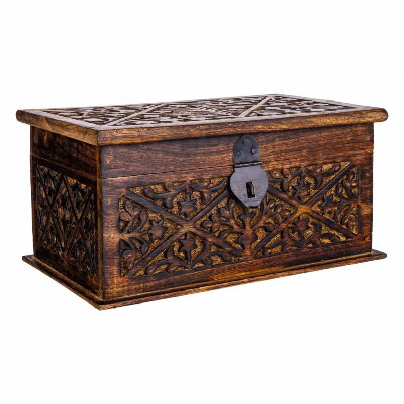 BROWN CARVED WOOD AND METAL TRUNK HANDMADE FINISH