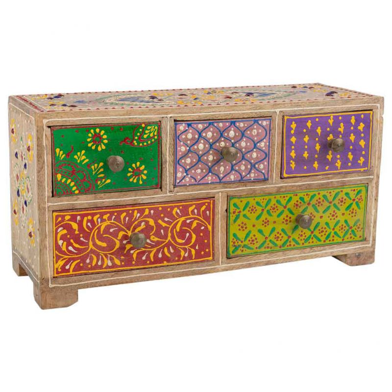 BROWN WOODEN JEWERLY BOX HAND PAINTED WITH 5 DRAWERS