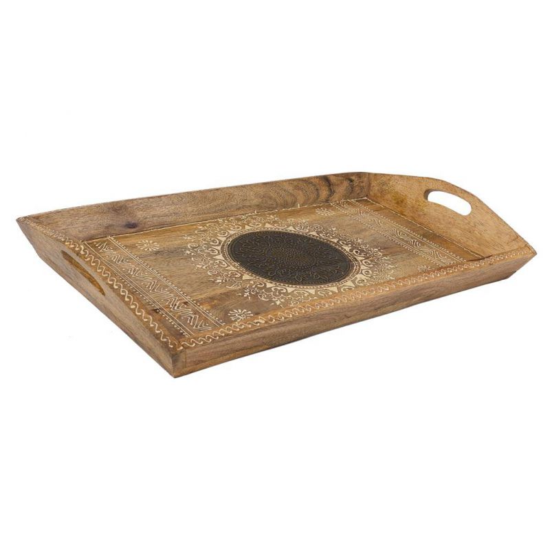 BROWN WOODEN TRAY HAND PAINTED WITH HANDLES