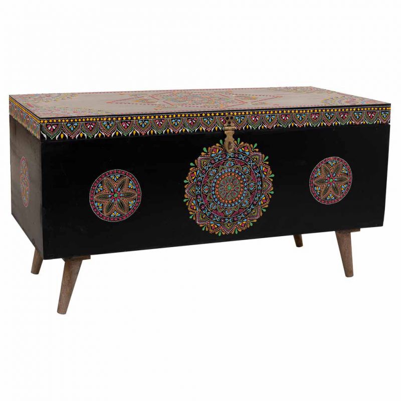 BLACK WOODEN TRUNK HAND PAINTED