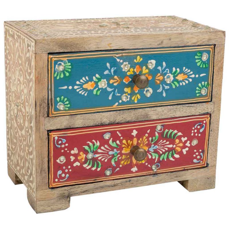 BROWN WOODEN JEWERLY BOX HAND PAINTED WITH 2 DRAWERS