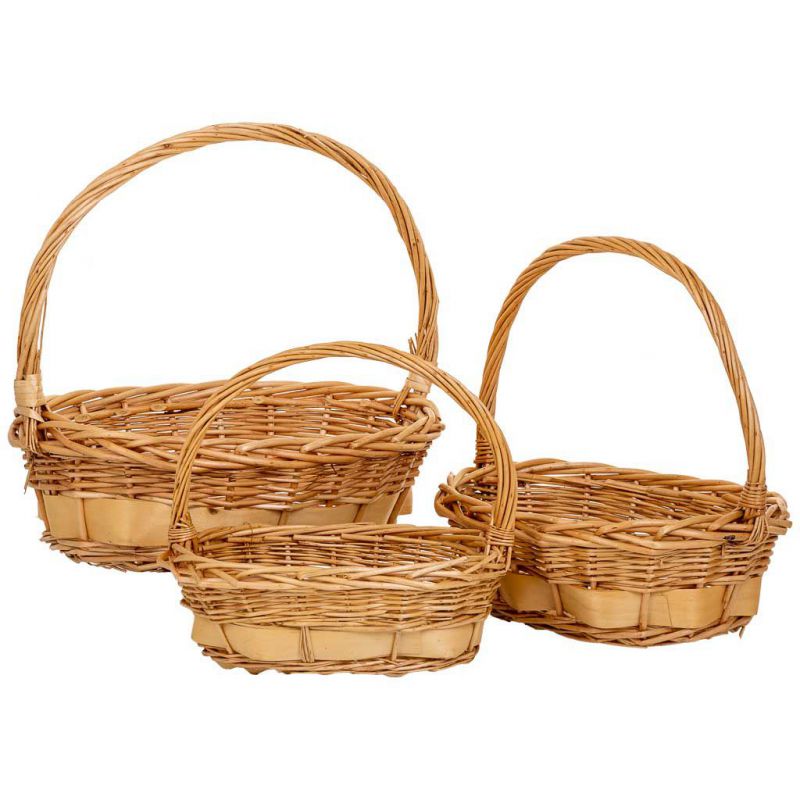 BASKETS SET 3 OVAL WICKER BASKETS WITH BROWN HANDLES