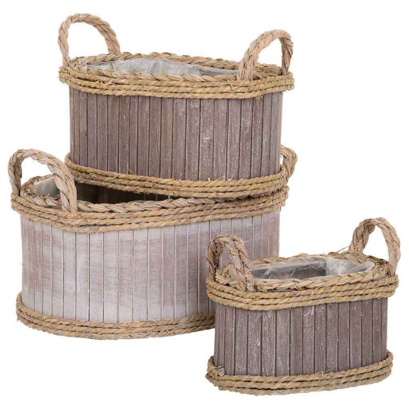BASKETS SET 3 PCS OVAL WOODEN WITH GRAY HANDLES