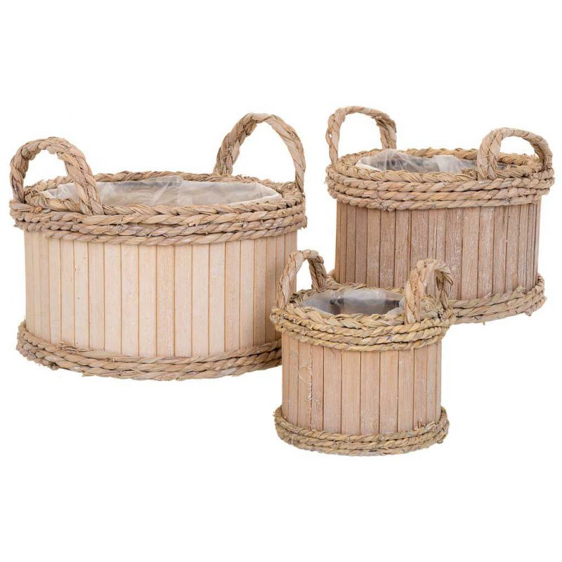 ROUND WOODEN BASKETS SET 3 PCS WITH BROWN HANDLES